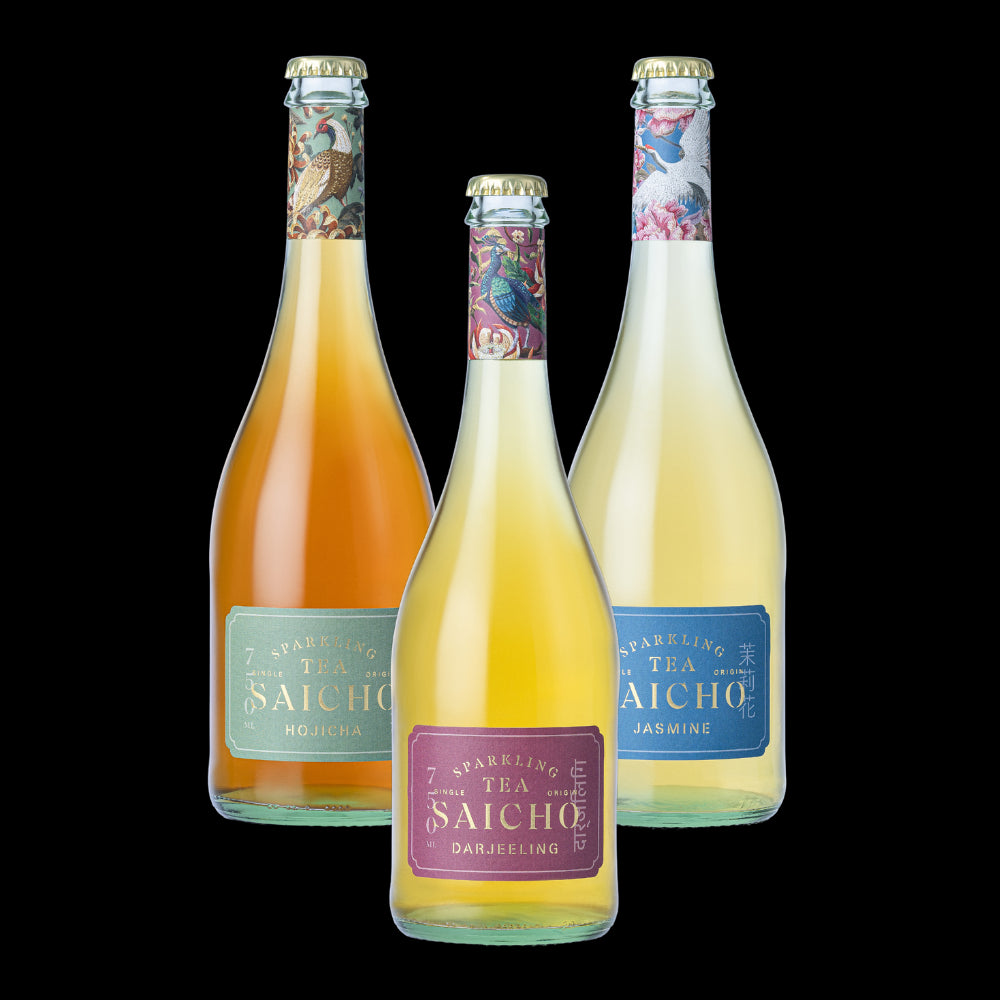saicho colection of non alcoholic sparkling tea, saichodrinks.com